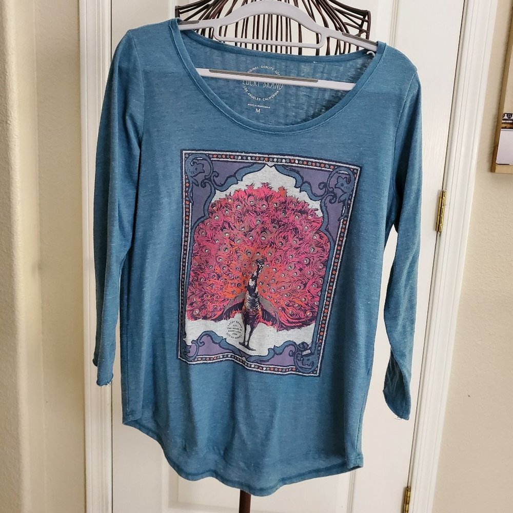 LUCKY BRAND | Blue Peacock Graphic Top 3/4 Sleeve - Women's Medium